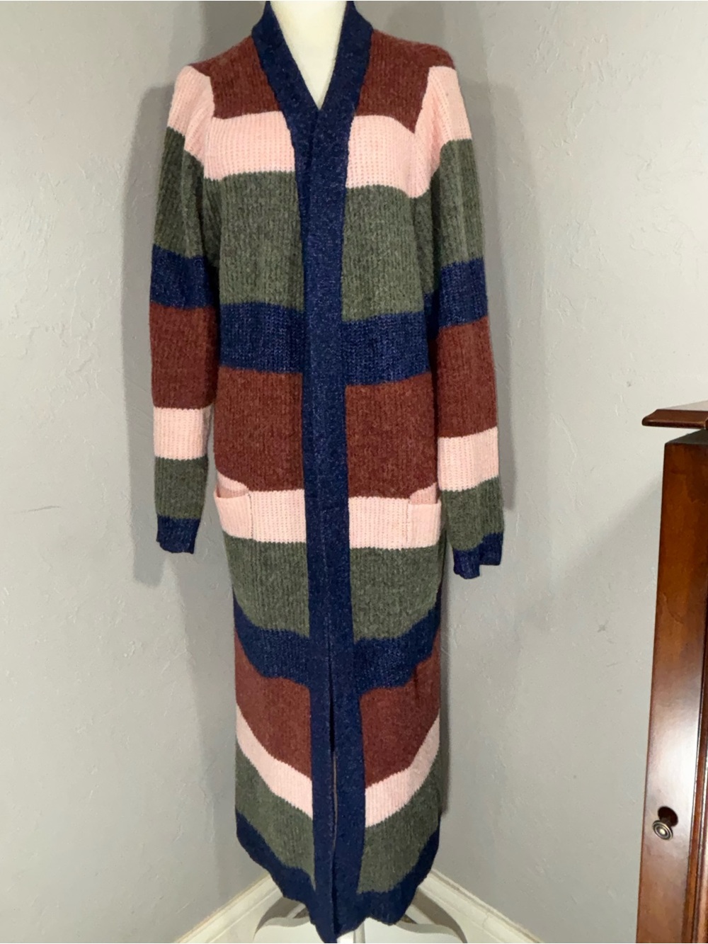torrid Long Open-Front Striped Cardigan in Pink, Olive, Navy & Brown